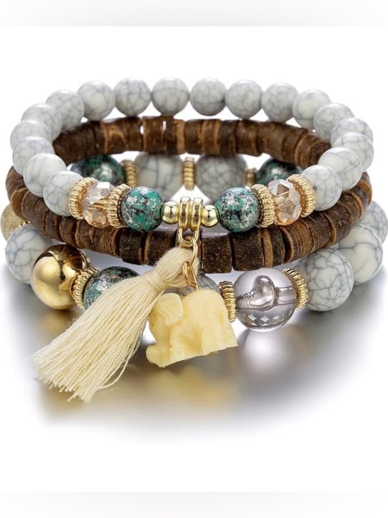 Unbranded Jewelry - Ivory Tassel & Brown Stackable Beaded Bracelet Set
